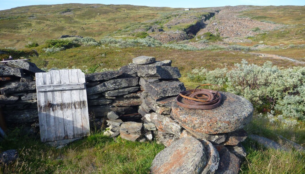 Emner av runde kvernstein hogd ut i granat-rike glimmerskifre. I bakgrunnen sees det historiske bruddet i Kvernfjellet øst for Selbu. (Foto: Ane K. Engvik) Emner av runde kvernstein hogd ut i granat-rike glimmerskifre. I bakgrunnen sees det historiske bruddet i Kvernfjellet øst for Selbu. (Foto: Ane K. Engvik)