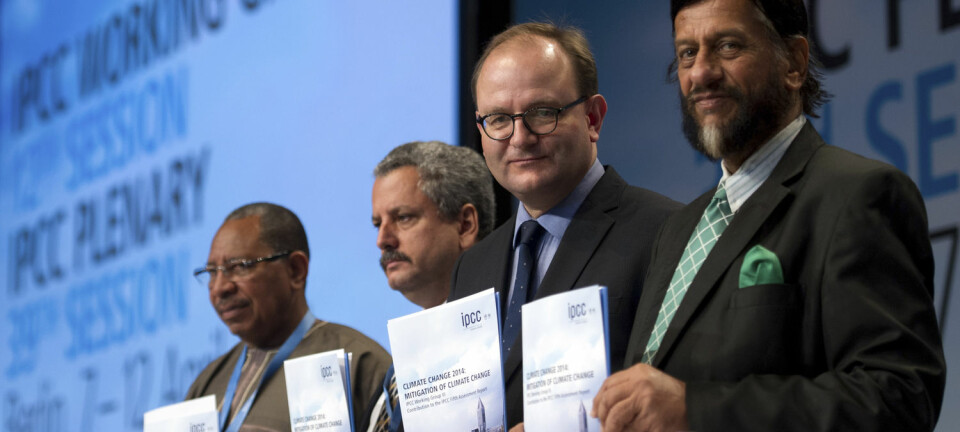 Det er flest menn som har sentrale posisjoner i FNs klimapanel. Disse fire presenterte oppsummeringen fra arbeidsgruppe 3 i Berlin, Tyskland i 2014. (Foto: Stefanie Loos/Reuters/NTB scanpix)