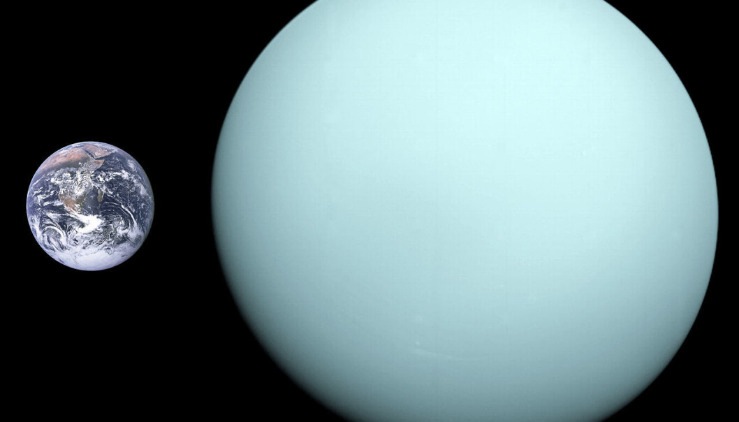 Størrelsessammenligning mellom jorden og Uranus. Jorden er til venstre, hvis det var noen tvil. (Bilde: NASA) Størrelsessammenligning mellom jorden og Uranus. Jorden er til venstre, hvis det var noen tvil. (Bilde: NASA)