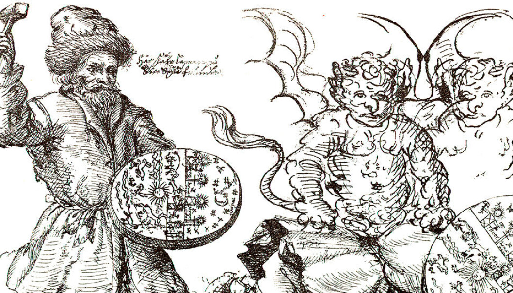 Runebommen er samisk redskap for å utøve magi. Her ser du en samisk noaide/sjaman med sin runebomme, tegnet av den svenske presten Samuel Rheen i 1671. (Illustrasjon: Samuel Rheen / NTNU UB) Runebommen er samisk redskap for å utøve magi. Her ser du en samisk noaide/sjaman med sin runebomme, tegnet av den svenske presten Samuel Rheen i 1671. (Illustrasjon: Samuel Rheen / NTNU UB)
