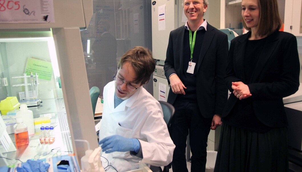 Professor Kalle Malmberg viser statsråden, forskningsrådet, rektor og dekan med flere rundt i forskningsmiljøets lokaler. (Foto: Rosseland, UiO) Professor Kalle Malmberg viser statsråden, forskningsrådet, rektor og dekan med flere rundt i forskningsmiljøets lokaler. (Foto: Rosseland, UiO)