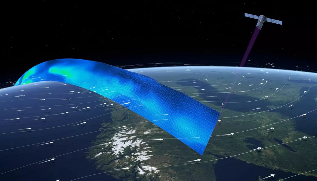 Forskningssatellitt Aeolus skal måle vindene i den lavere atmosfæren. (Illustrasjon: ESA)