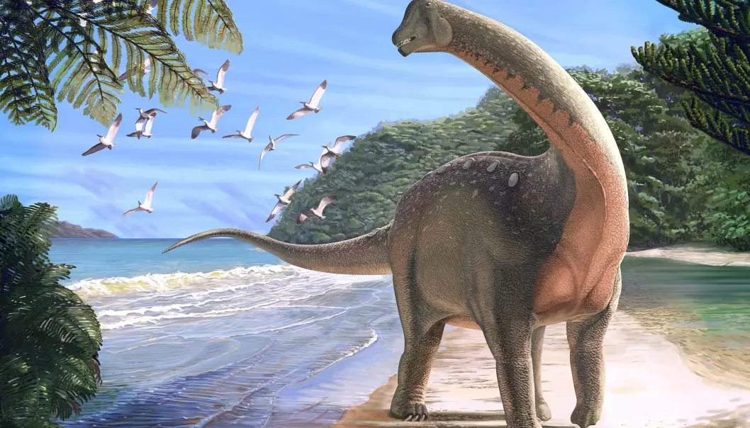 Slik tror forskerne Mansourasaurus shahinae vandret på en kystlinje i det som nå er Sahara for rundt 80 millioner år siden. (Illustrasjon: Andrew McAfee, Carnegie Museum of Natural History)