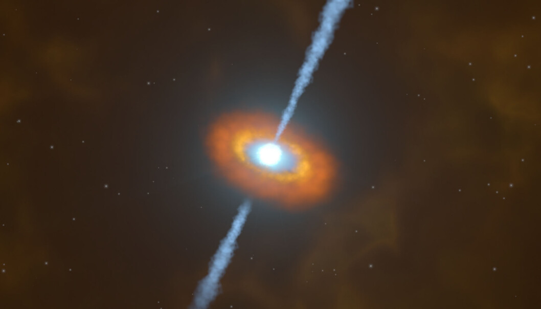 Slik ser NASA for seg at en blasar framstår. Det er et gedigent sort hull som sender ut jetstrømmer med ladede partikler i hver ende. Når en av disse jetstrømmene peker rett mot oss, kalles det en blasar. (Bilde: NASA) Slik ser NASA for seg at en blasar framstår. Det er et gedigent sort hull som sender ut jetstrømmer med ladede partikler i hver ende. Når en av disse jetstrømmene peker rett mot oss, kalles det en blasar. (Bilde: NASA)