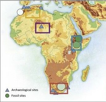 Oversikt over områdene med mest fossiler og arkeologiske funn av tidlige <i>Homo Sapiens</i>. (Kart: Scerri mfl.) Oversikt over områdene med mest fossiler og arkeologiske funn av tidlige <i>Homo Sapiens</i>. (Kart: Scerri mfl.)