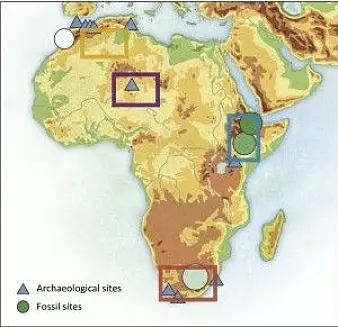 Oversikt over områdene med mest fossiler og arkeologiske funn av tidlige <i>Homo Sapiens</i>. (Kart: Scerri mfl.)
