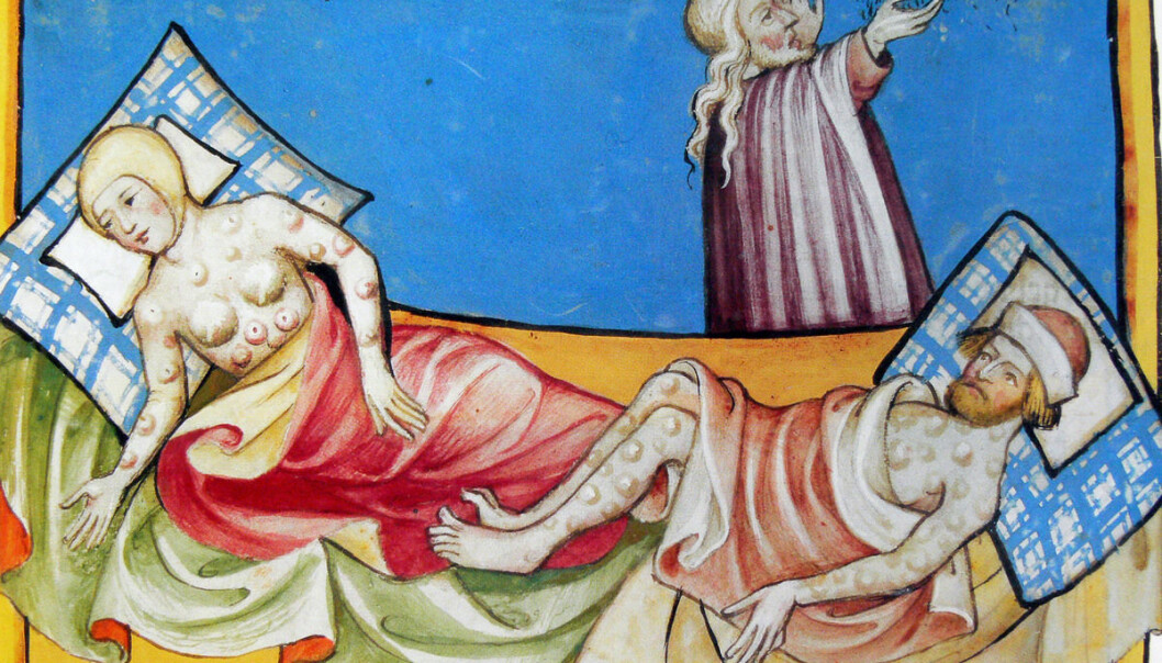 Den fryktede pesten i middelalderen tok livet av halvparten av Europas befolkning. Slik kan de syke ha sett ut, ifølge Toggenburg bibel fra 1411. (Illustrasjon: Toggenburg bibel) Den fryktede pesten i middelalderen tok livet av halvparten av Europas befolkning. Slik kan de syke ha sett ut, ifølge Toggenburg bibel fra 1411. (Illustrasjon: Toggenburg bibel)