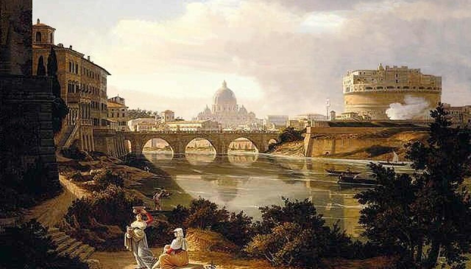 Utsikten fra bredden av Tiber og sørover mot Castel Sant' Angelo og Peterskirken, slik maleren Rudolf Wiegmann så den rundt 1834.