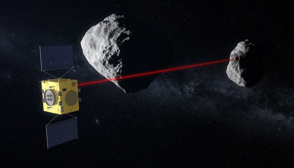 Den europeiske romsonden Hera (t.v.) undersøker Didymoon (t.h.) ved dobbeltasteroiden Didymos. (Illustrasjon: ESA/ScienceOffice.org)