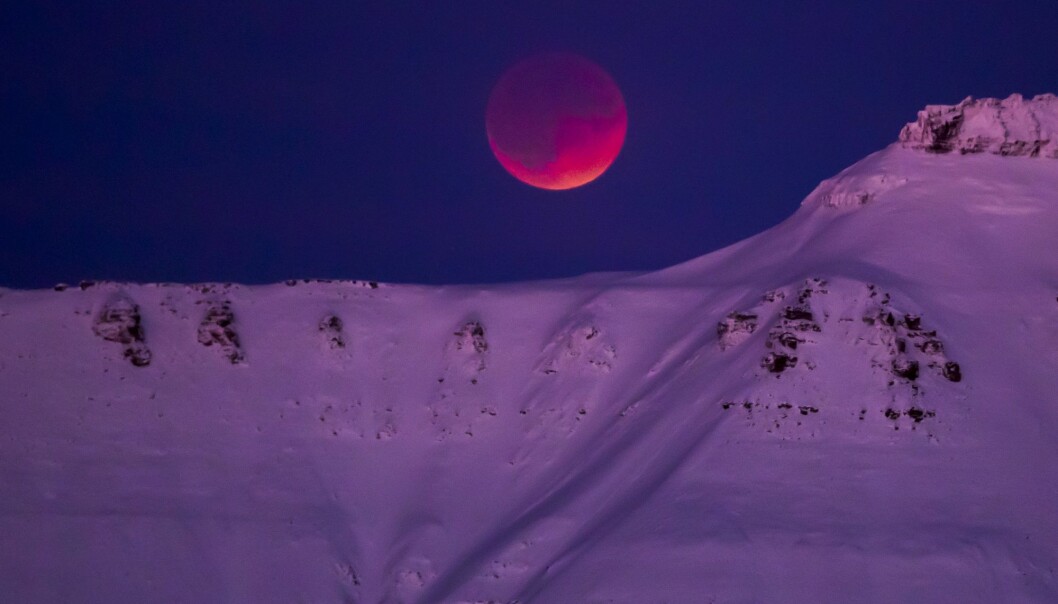Supermåne og total måneformørkelse sett fra Svalbard januar 2018. En total måneformørkelse oppstår når sola, jorda og månen er på linje i verdensrommet og månen ligger helt i skyggen fra Jorden. Når supermåne og total måneformørkelse forekommer samtidig kalles fenomenet litt uhøytidelig for supermåneformørkelse. (Foto: Heiko Junge / NTB scanpix) Supermåne og total måneformørkelse sett fra Svalbard januar 2018. En total måneformørkelse oppstår når sola, jorda og månen er på linje i verdensrommet og månen ligger helt i skyggen fra Jorden. Når supermåne og total måneformørkelse forekommer samtidig kalles fenomenet litt uhøytidelig for supermåneformørkelse. (Foto: Heiko Junge / NTB scanpix)