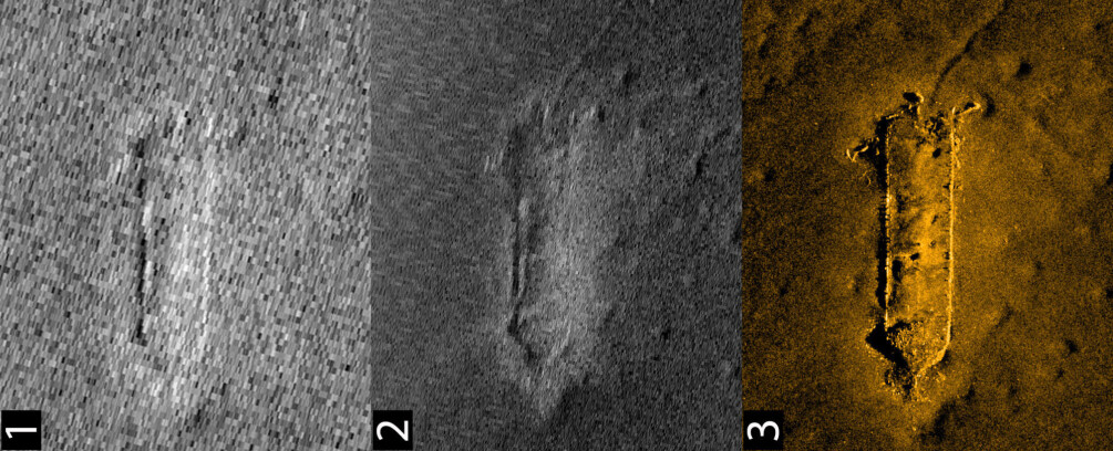 Bilde 1 og 2 viser vrak avbildet med standard sidesøkende sonar. Bilde 3 viser samme vrak avbildet med <i>Syntetisk Apertursonar</i>. (Bilde: Forsvarets forskningsinstitutt) Bilde 1 og 2 viser vrak avbildet med standard sidesøkende sonar. Bilde 3 viser samme vrak avbildet med <i>Syntetisk Apertursonar</i>. (Bilde: Forsvarets forskningsinstitutt)