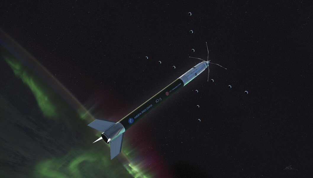 Norske forskere håper denne raketten vil gjøre 3D-målinger i verdensrommet. Det er de små sylinderne som svever utenfor selve raketten, som skal gjøre det mulig. (Illustrasjon: T. Abrahamsen, Andøya Space Center) Norske forskere håper denne raketten vil gjøre 3D-målinger i verdensrommet. Det er de små sylinderne som svever utenfor selve raketten, som skal gjøre det mulig. (Illustrasjon: T. Abrahamsen, Andøya Space Center)