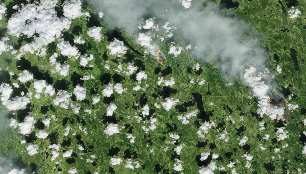 Skogbrannene i Sverige sett av satellitten Sentinel-2 den 17. juli 2018. Foto: Copernicus/ESA Skogbrannene i Sverige sett av satellitten Sentinel-2 den 17. juli 2018. Foto: Copernicus/ESA