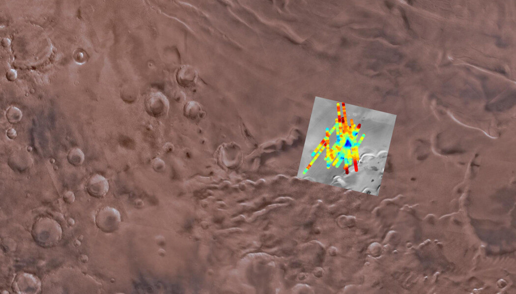 Radarskanningen av området nær Mars' sørpol som fant mulig flytende vann. (Bilde: SGS Astrogeology Science Center, Arizona State University, INAF) Radarskanningen av området nær Mars' sørpol som fant mulig flytende vann. (Bilde: SGS Astrogeology Science Center, Arizona State University, INAF)
