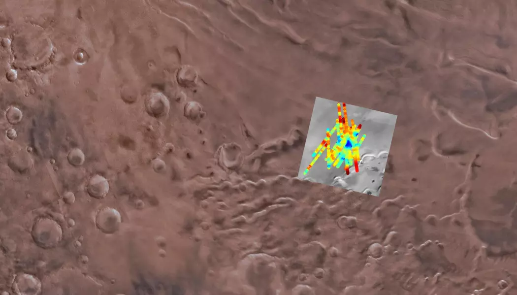 Radarskanningen av området nær Mars' sørpol som fant mulig flytende vann. (Bilde: SGS Astrogeology Science Center, Arizona State University, INAF)
