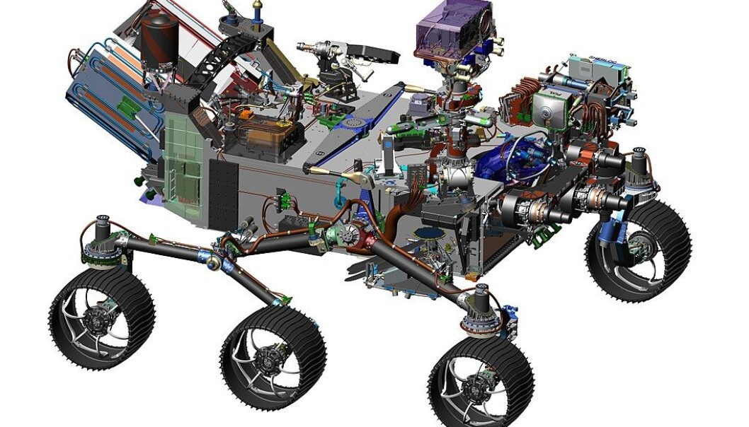 Teknisk tegning av Mars 2020-roveren. Den ligner mye på Curiosity, som har vært på Mars siden 2012, men har med seg helt nye instrumenter. (Bilde: NASA/JPL-Caltech) Teknisk tegning av Mars 2020-roveren. Den ligner mye på Curiosity, som har vært på Mars siden 2012, men har med seg helt nye instrumenter. (Bilde: NASA/JPL-Caltech)