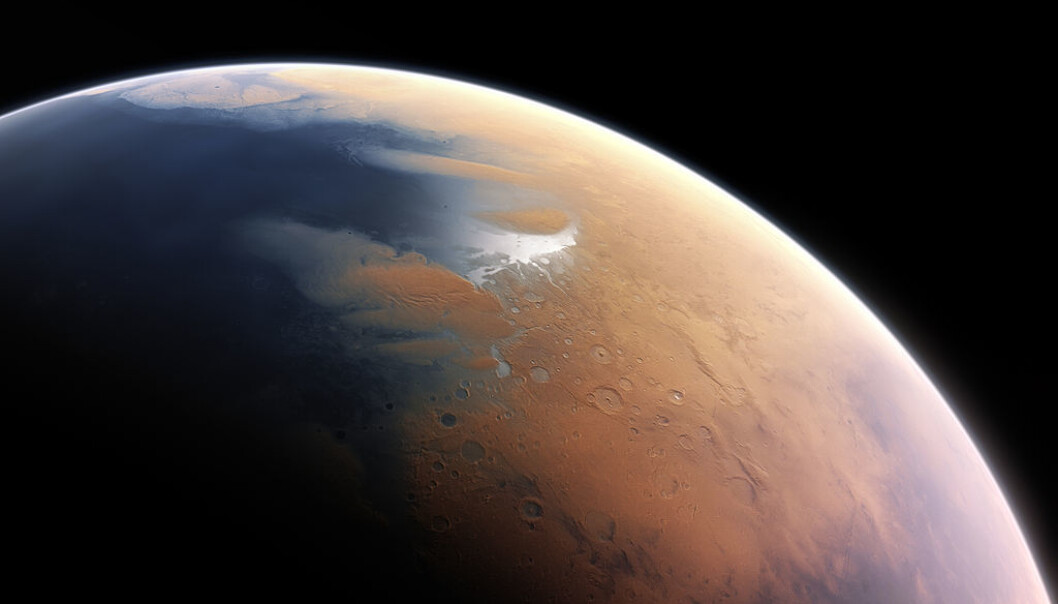 Slik ser en kunstner for seg at Mars kan ha sett ut for svært lenge siden, hele fire milliarder år siden. På denne tiden kan det ha vært mye flytende vann på planeten. Dette er nå borte eller fryst til is. (Bilde: ESO/M. Kornmesser/CC BY 4.0) Slik ser en kunstner for seg at Mars kan ha sett ut for svært lenge siden, hele fire milliarder år siden. På denne tiden kan det ha vært mye flytende vann på planeten. Dette er nå borte eller fryst til is. (Bilde: ESO/M. Kornmesser/CC BY 4.0)