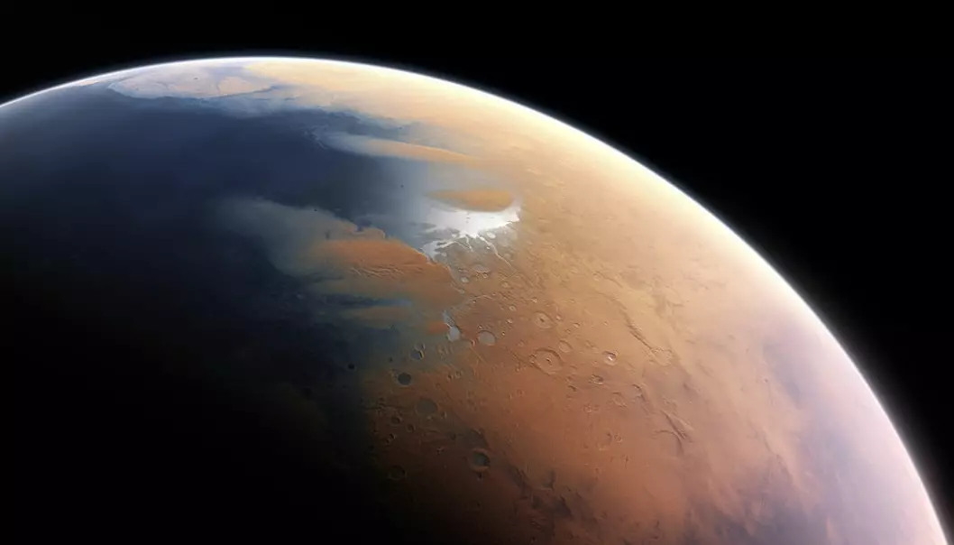 Slik ser en kunstner for seg at Mars kan ha sett ut for svært lenge siden, hele fire milliarder år siden. På denne tiden kan det ha vært mye flytende vann på planeten. Dette er nå borte eller fryst til is. (Bilde: ESO/M. Kornmesser/CC BY 4.0)