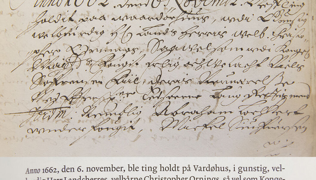 De håndskrevne rettsreferatene er utfordrende å lese. Professor Liv Helene Willumsen har jobbet med dem i mer en 30 år. (Foto: Fra boken) De håndskrevne rettsreferatene er utfordrende å lese. Professor Liv Helene Willumsen har jobbet med dem i mer en 30 år. (Foto: Fra boken)