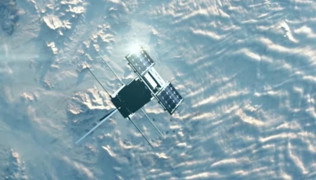 Illustrasjon av mikrosatellitten NorSat-1 i bane (Illustrasjon: Snøball) Illustrasjon av mikrosatellitten NorSat-1 i bane (Illustrasjon: Snøball)