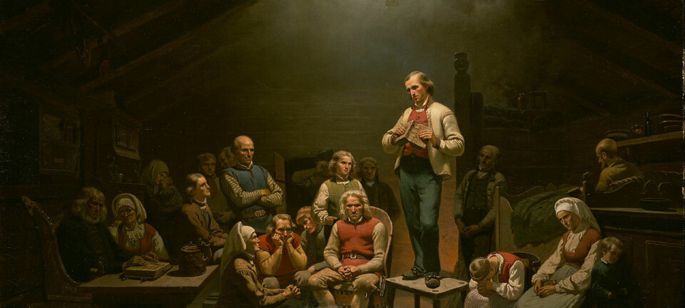 Adolph Tidemand lot seg inspirere av Hans Nielsen Hauges engasjement. Her har han malt en predikant som forkynner til en blandet forsamling av gamle og unge, menn og kvinner. (Foto: Wikimedia commons / offentlig domene)