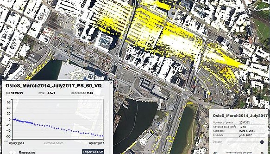Eksempel på resultat fra InSAR-målinger med web-basert innsynsløsning fra Oslo S-området i forbindelse med et prosjekt for Bane Nor. (Bilde: NGI) Eksempel på resultat fra InSAR-målinger med web-basert innsynsløsning fra Oslo S-området i forbindelse med et prosjekt for Bane Nor. (Bilde: NGI)
