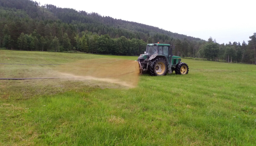 Bruk av slepeslanger er en effektiv og miljøvennlig måte å spre gjødsel på. (Foto: Rose Bergslid) Bruk av slepeslanger er en effektiv og miljøvennlig måte å spre gjødsel på. (Foto: Rose Bergslid)