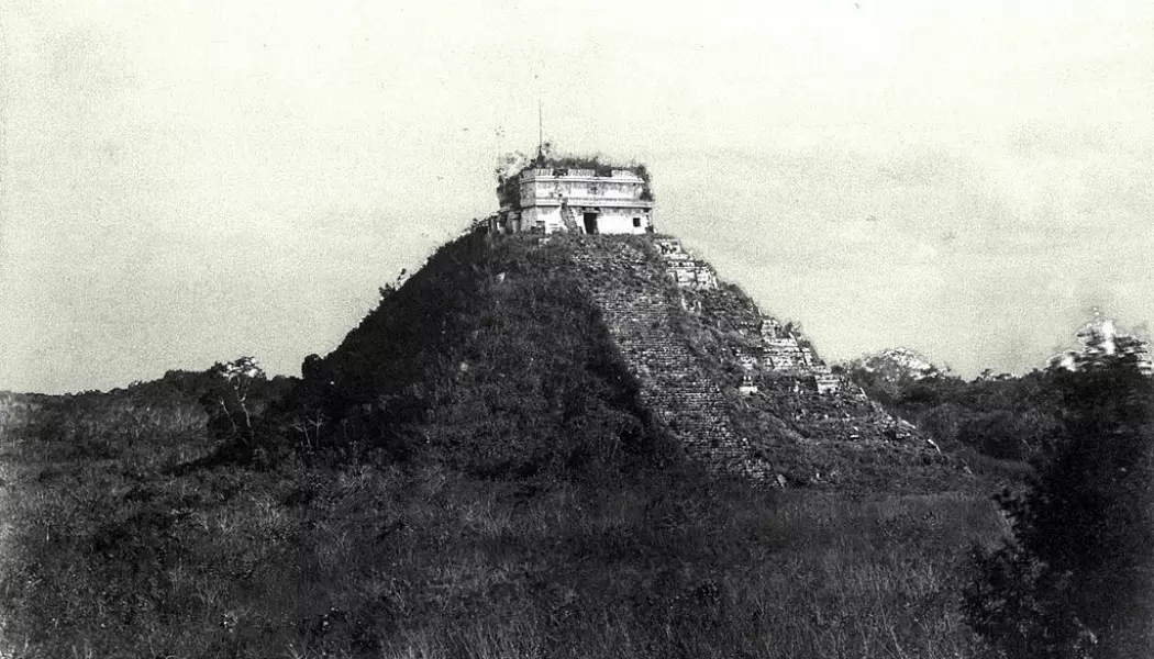 Den digre Castillo-pyramiden, slik den framsto i 1892, nesten helt gjengrodd. (Bilde: Teobert Maler)