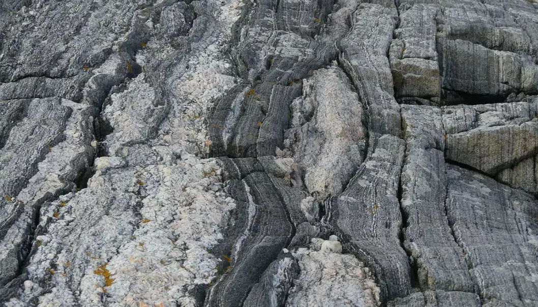 I dypet av jordskorpen gjennomgikk bergartene sterk deformasjon. Den buktende planstrukturen i gneisene ble dannet på reisen opp mot overflaten. (Foto: Ane K. Engvik)