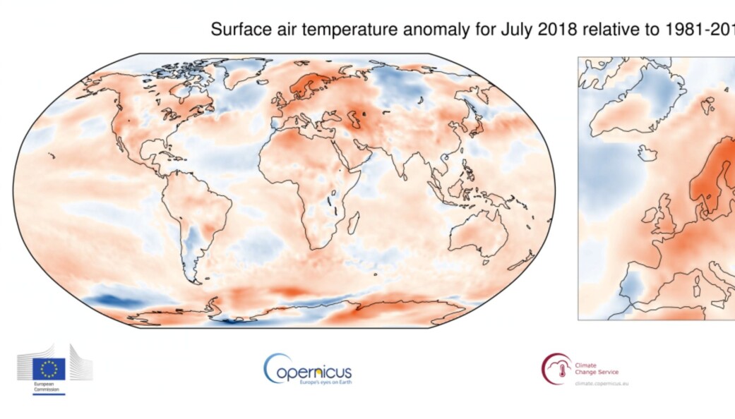 Figur: Temperaturavviket for juli 2018 (Bilde: Copernicus/ECMWF) Figur: Temperaturavviket for juli 2018 (Bilde: Copernicus/ECMWF)