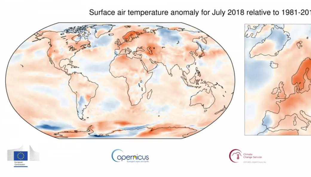 Figur: Temperaturavviket for juli 2018 (Bilde: Copernicus/ECMWF)