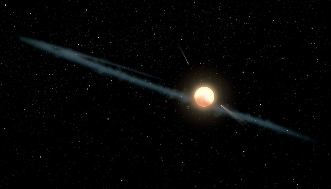 Støv seiler opp som den mest sannsynlige forklaringen på de mystiske variasjonene i lyset fra KIC 8462852. Denne illustrasjon er fra en tidligere anledning hvor dette ble foreslått. (Illustrasjon: NASA/JPL-Caltech) Støv seiler opp som den mest sannsynlige forklaringen på de mystiske variasjonene i lyset fra KIC 8462852. Denne illustrasjon er fra en tidligere anledning hvor dette ble foreslått. (Illustrasjon: NASA/JPL-Caltech)