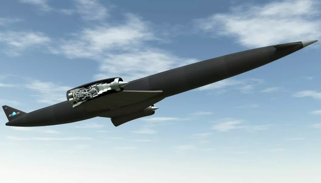 Romflyet Skylon skal klare å fly fra en rullebane helt opp i bane rundt jorda med 24 passasjerer, takket være den kombinerte jet- og rakettmotoren Sabre, gjennomskåret på illustrasjonen. (Illustrasjon: Reaction Engines)