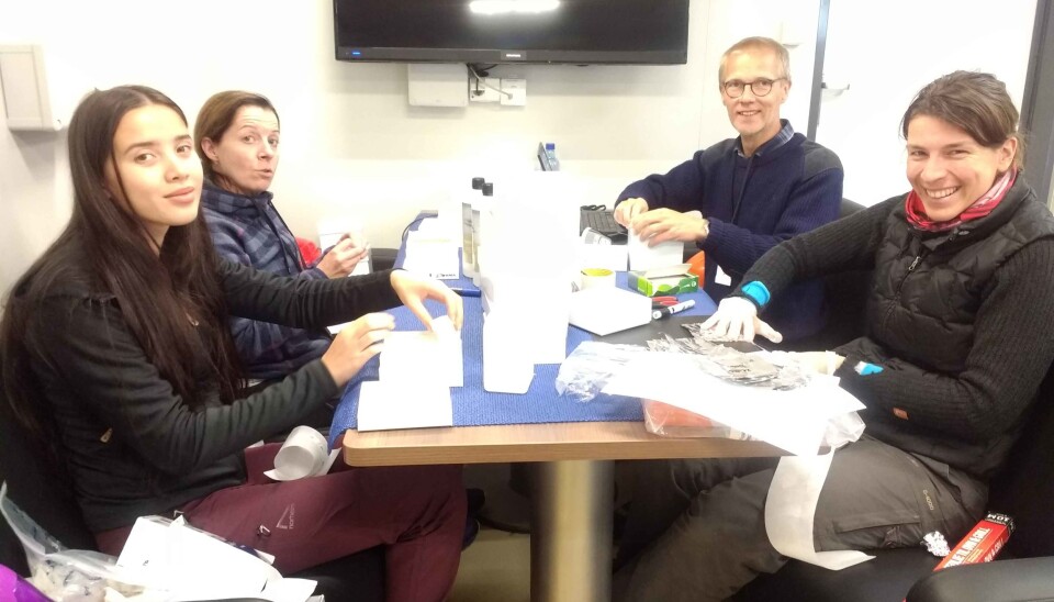 Siv Hoff, Sissel Jentoft, Leif Christian Stige og Ireen Vieweg lager merkelapper til prøveflasker for fiskeblod. (Foto: Bodil Bluhm, UiT) Siv Hoff, Sissel Jentoft, Leif Christian Stige og Ireen Vieweg lager merkelapper til prøveflasker for fiskeblod. (Foto: Bodil Bluhm, UiT)