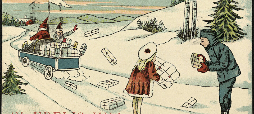 Vi ønsker hverandre god jul, men hvor kommer egentlig ordet fra? Her får du åtte jule-opplysninger fra forskerne ved Universitetet i Oslo. Bildet viser et julekort fra rundt 1900.  (Foto: Nationalbiblioteket)