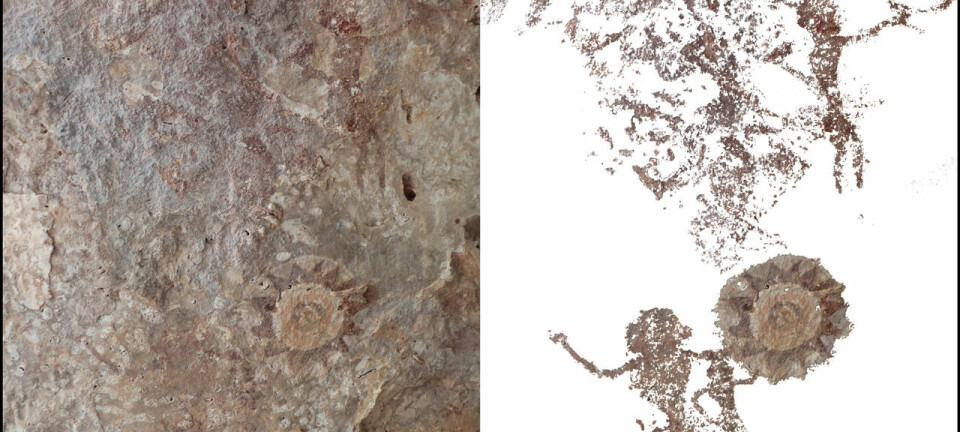 Flere tusen år gamle bilder av mennesker på huleveggen. (Foto: ANU)