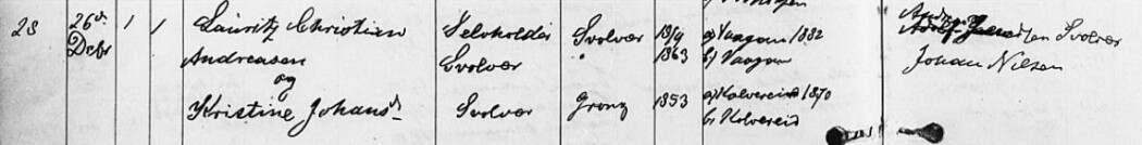 Fra Vågan kirkebok. Kristine Johnsdatter giftet seg i Vågan 26. desember 1884. Hun var fra Jåavma i dagens Røyrvik kommune, den gangen i Grong prestegjeld. Opplysningene om fødselsår (kolonne 8), sted for konfirmasjon (kolonne 9) og fars navn (kolonne 10) stemmer. Konfirmasjonsåret (1870) er feil. Foto: Beskåret skjermdump fra Digitalarkivet. (Foto: Beskåret skjermdump fra Digitalarkivet) Fra Vågan kirkebok. Kristine Johnsdatter giftet seg i Vågan 26. desember 1884. Hun var fra Jåavma i dagens Røyrvik kommune, den gangen i Grong prestegjeld. Opplysningene om fødselsår (kolonne 8), sted for konfirmasjon (kolonne 9) og fars navn (kolonne 10) stemmer. Konfirmasjonsåret (1870) er feil. Foto: Beskåret skjermdump fra Digitalarkivet. (Foto: Beskåret skjermdump fra Digitalarkivet)