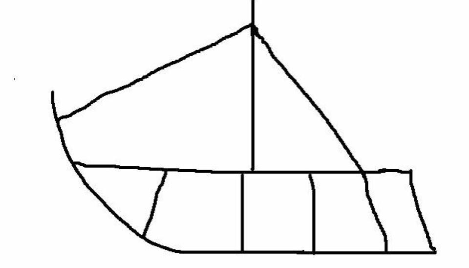 Gjengivelse av båtfigur finnes på flere gievrieh, runebommer. Denne er basert på Folldalstromma/ Frøyningsfjelltromma. (Figur: Håkon Hermanstrand)
