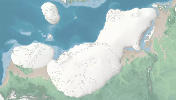 Den siste istiden startet for alvor 35 000 år tilbake. På bildet ser du hvordan isen dekket Nord-Europa for 23 000 år siden, da utbredelsen var aller størst. Gjennomsnittstemperaturen var da rundt 10 grader kaldere enn i dag og havet sto 120 meter lavere. Bildet er fra det interaktive kartet der du selv kan følge utviklingen under istiden.