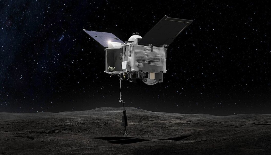 OSIRIS REx skal ta med seg en liten klype asteroidestøv tilbake til jorden. Slik ser en kunstner for seg at øyeblikket kan se ut. (Bilde: NASA/Goddard Space Flight Center) OSIRIS REx skal ta med seg en liten klype asteroidestøv tilbake til jorden. Slik ser en kunstner for seg at øyeblikket kan se ut. (Bilde: NASA/Goddard Space Flight Center)