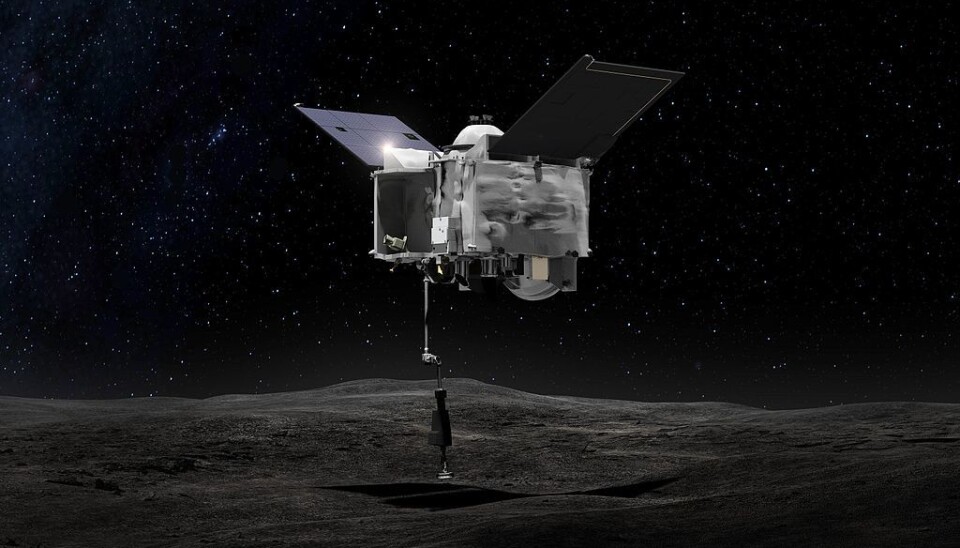 OSIRIS REx skal ta med seg en liten klype asteroidestøv tilbake til jorden. Slik ser en kunstner for seg at øyeblikket kan se ut. (Bilde: NASA/Goddard Space Flight Center)