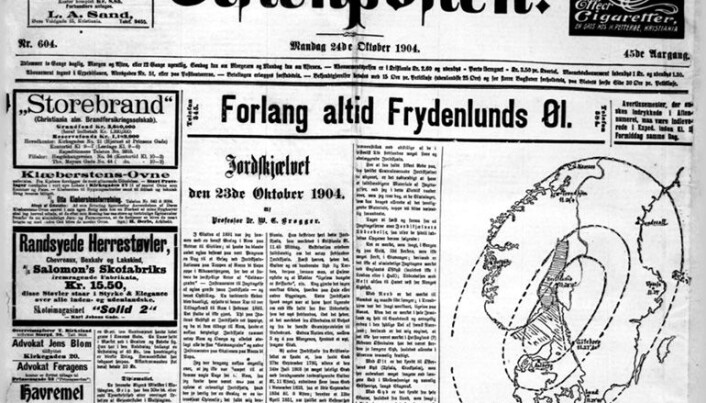 Forsiden av Aftenposten dagen etter jordskjelvet 23. oktober 1904. Forsiden av Aftenposten dagen etter jordskjelvet 23. oktober 1904.