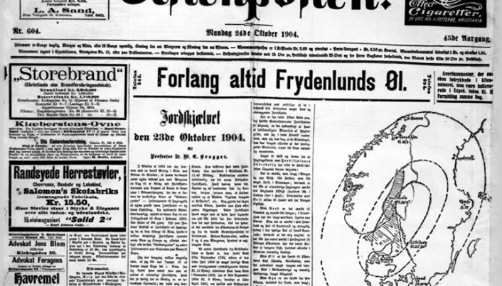 Forsiden av Aftenposten dagen etter jordskjelvet 23. oktober 1904.