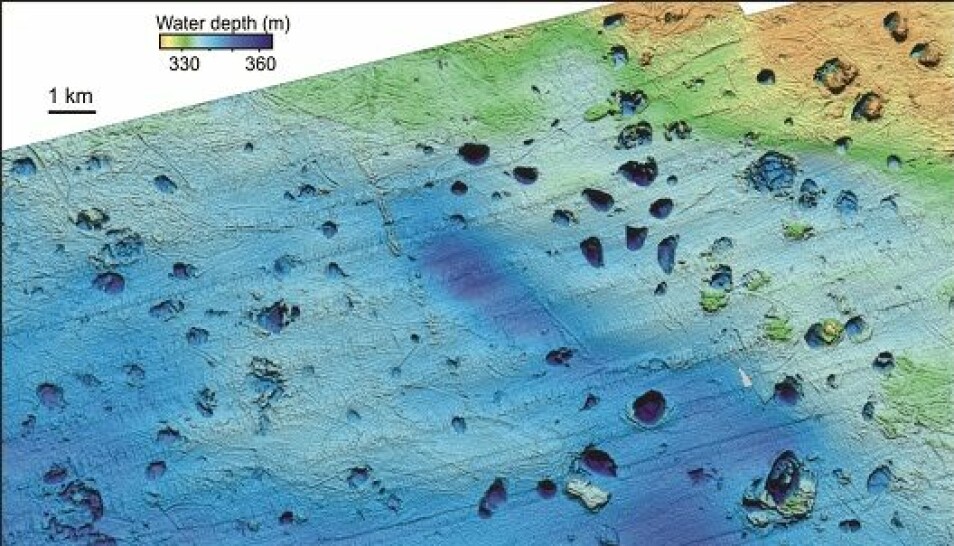 På havbunnen ved Bjørnøya har forskerne funnet over hundre kratere med en diameter på opptil 1000 meter. De skyldes utblåsninger og delvis eksplosjoner på havbunnen. (Bilde fra forskningsartikkel, Andreassen m. fl., 2017)