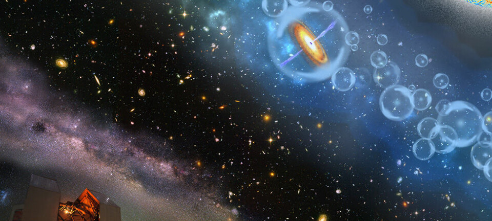 Den eldgamle kvasaren stammer fra en svært interessant periode i universets historie. Illustrasjonen viser kvasaren og tidlige stjerner som skaper bobler av ionisert hydrogen i et univers av nøytral hydrogengass.  (Illustrasjon: Robin Dienel / Carnegie Institution for Science)
