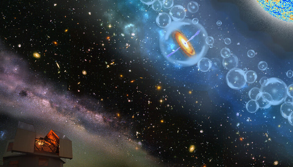 Den eldgamle kvasaren stammer fra en svært interessant periode i universets historie. Illustrasjonen viser kvasaren og tidlige stjerner som skaper bobler av ionisert hydrogen i et univers av nøytral hydrogengass.  (Illustrasjon: Robin Dienel / Carnegie Institution for Science)