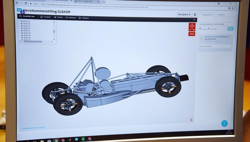 Slik ser den ut nå, 3D-modellen av racerbilen som UiA-studentene skal konkurrere med i England til sommeren. (Foto: UiA) Slik ser den ut nå, 3D-modellen av racerbilen som UiA-studentene skal konkurrere med i England til sommeren. (Foto: UiA)
