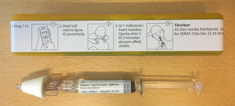 Denne nesesprayen deles ut til både rusmisbrukere og pårørende slik at de selv kan å gi førstehjelp ved overdose. (Foto: Pål H. Lillevold)