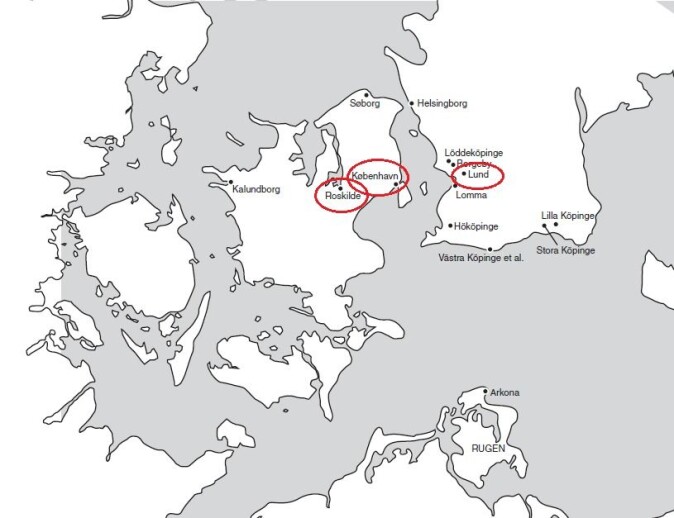 København lå strategisk til mellom Roskilde og Lund og har derfor antagelig fungert som transitt-by, argumenterer forskerne. (Illustrasjon: Dahlström et al./Videnskab.dk) København lå strategisk til mellom Roskilde og Lund og har derfor antagelig fungert som transitt-by, argumenterer forskerne. (Illustrasjon: Dahlström et al./Videnskab.dk)