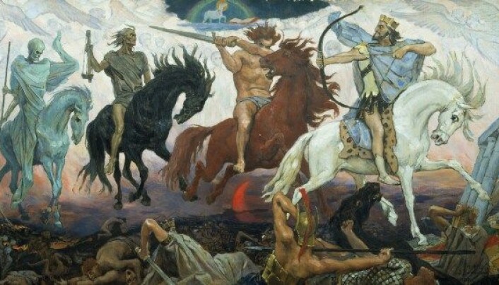 Apokalypsens fire ryttere tolkes ofte som symboler på henholdsvis på pest, krig, hungersnød og død. (Illustrasjon: Viktor Vasnetsov, Wikimedia Commons) Apokalypsens fire ryttere tolkes ofte som symboler på henholdsvis på pest, krig, hungersnød og død. (Illustrasjon: Viktor Vasnetsov, Wikimedia Commons)